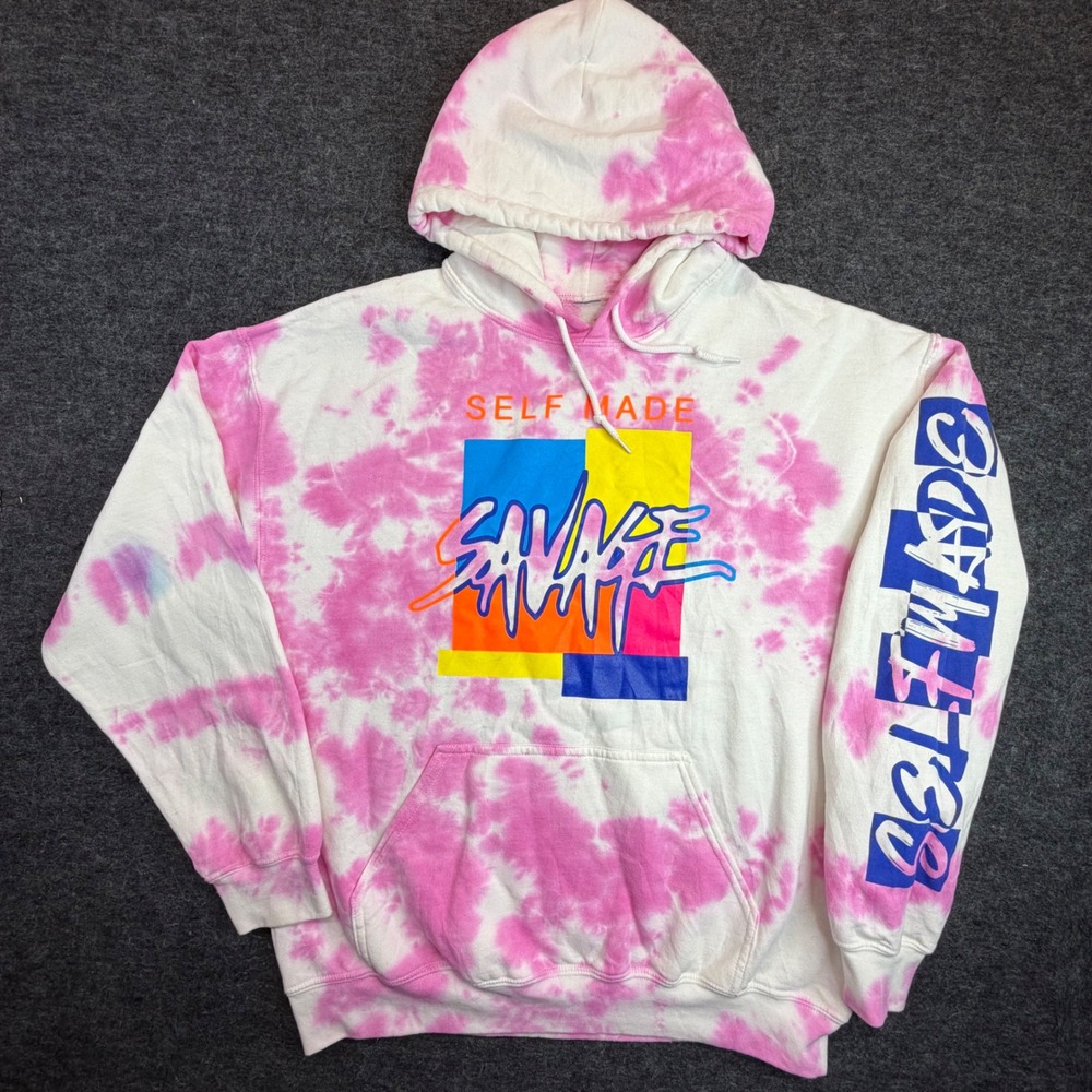 3Forty Self Made Savage Hoodie Unisex Large Pink Tie Dye Graphic‎ Sweatshirt